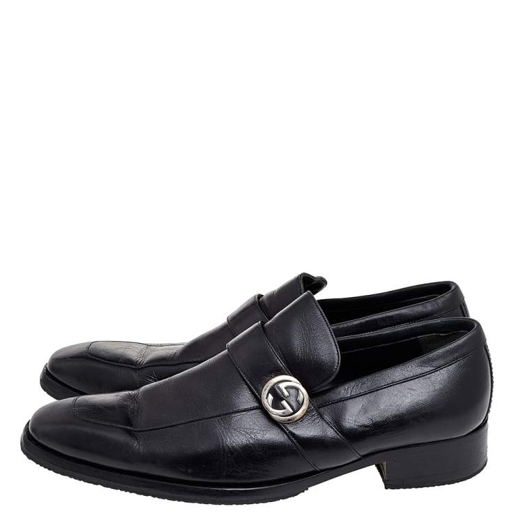 Pre Owned Gucci Black Leather Interlocking G Slip On Loafers Size 42