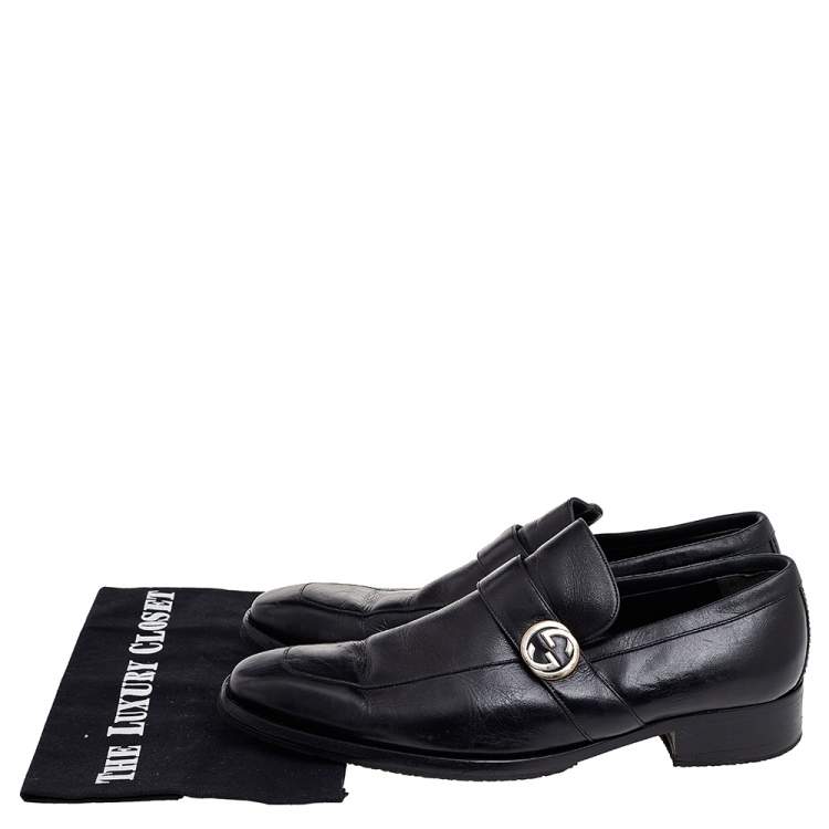 Pre Owned Gucci Black Leather Interlocking G Slip On Loafers Size 42