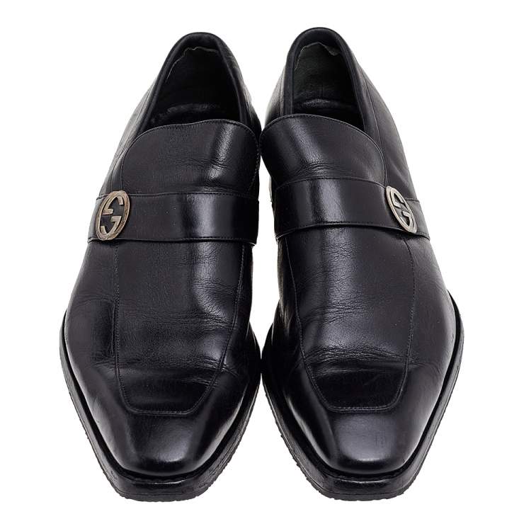 Pre Owned Gucci Black Leather Interlocking G Slip On Loafers Size 42