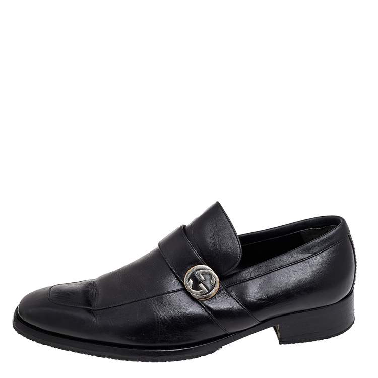 Pre Owned Gucci Black Leather Interlocking G Slip On Loafers Size 42