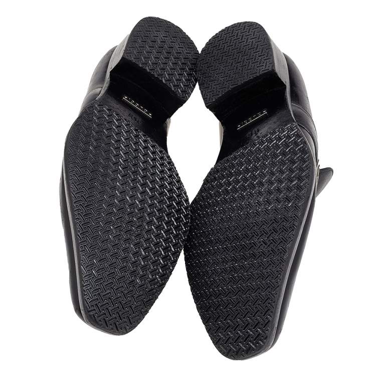 Pre Owned Gucci Black Leather Interlocking G Slip On Loafers Size 42