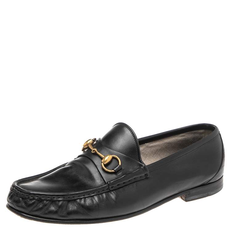 Pre Owned Gucci Black Leather Horsebit Slip On Loafers Size 43