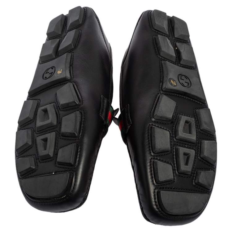 Pre Owned Gucci Black Leather Web Driver Loafers Size 41.5