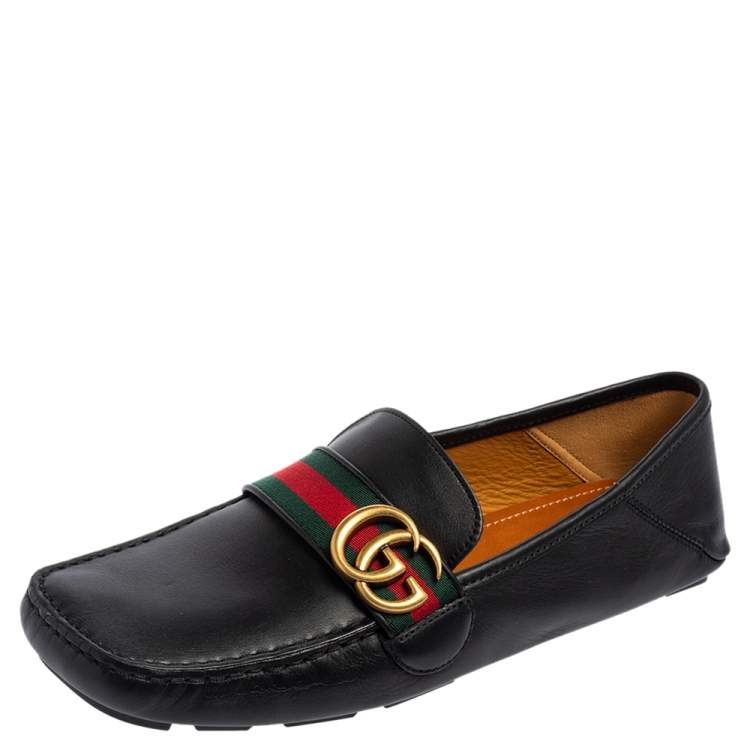 Pre Owned Gucci Black Leather Web Driver Loafers Size 41.5
