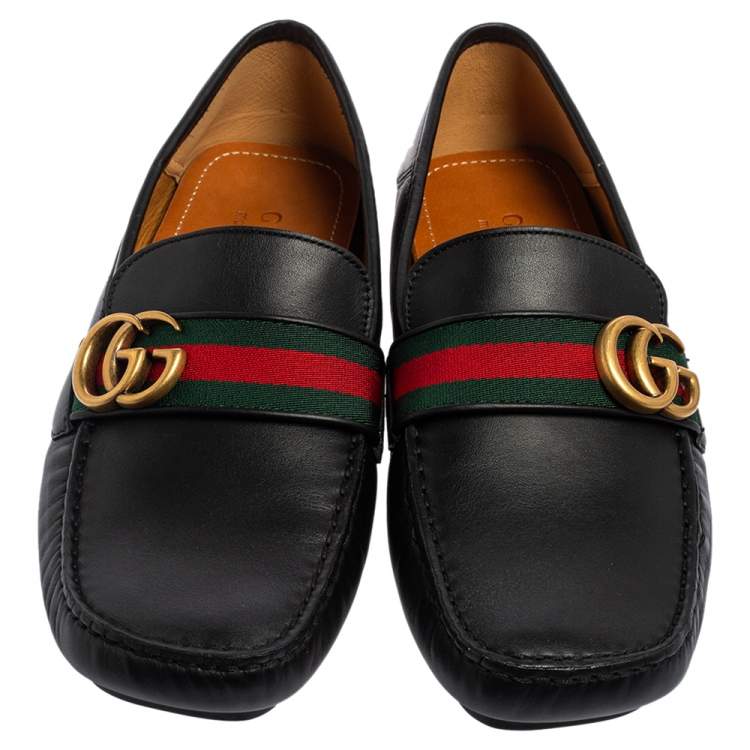 Pre Owned Gucci Black Leather Web Driver Loafers Size 41.5