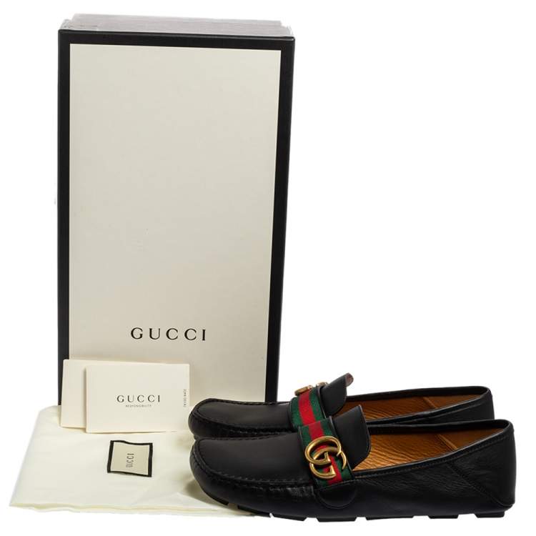 Pre Owned Gucci Black Leather Web Driver Loafers Size 41.5
