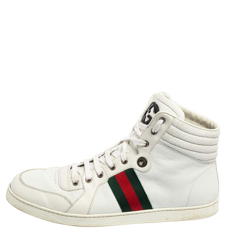 Pre Owned Gucci White Leather Web Detail High-Top Sneakers Size 45