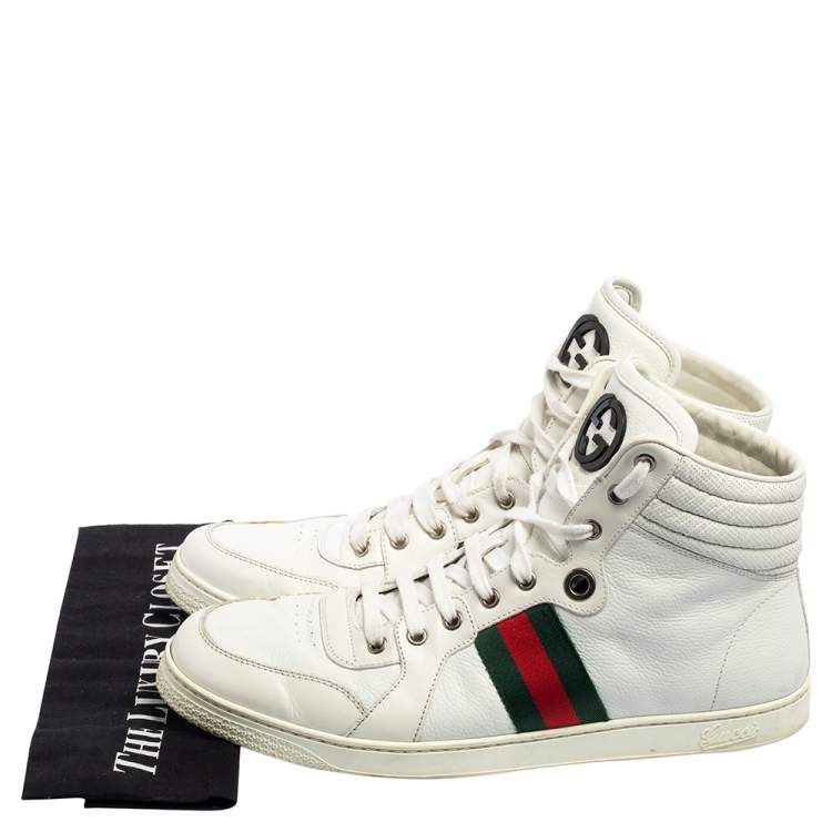 Pre Owned Gucci White Leather Web Detail High-Top Sneakers Size 45
