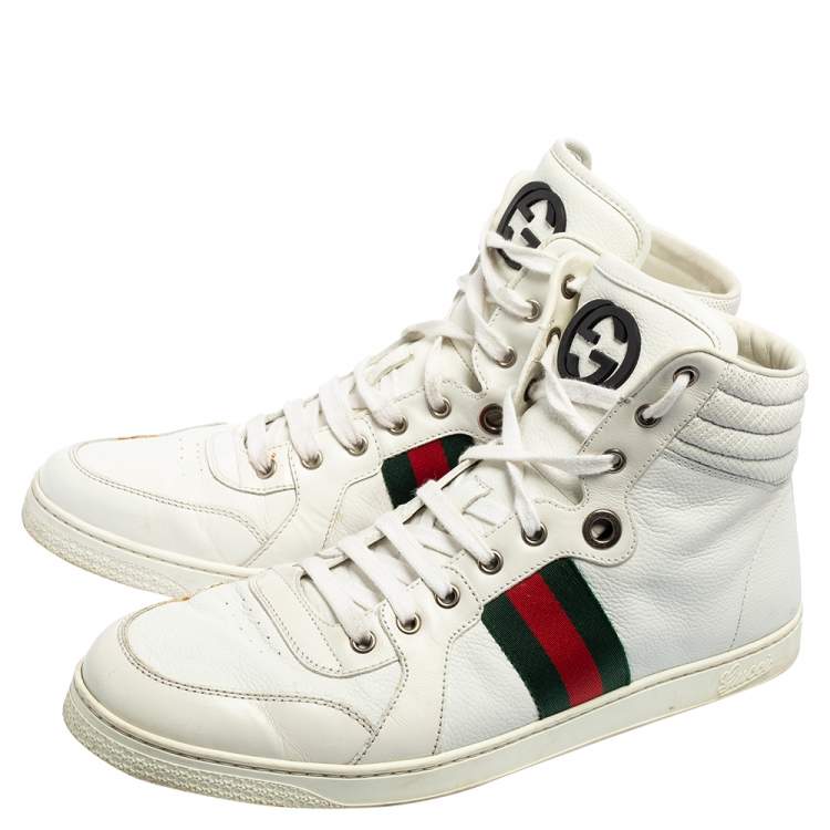 Pre Owned Gucci White Leather Web Detail High-Top Sneakers Size 45