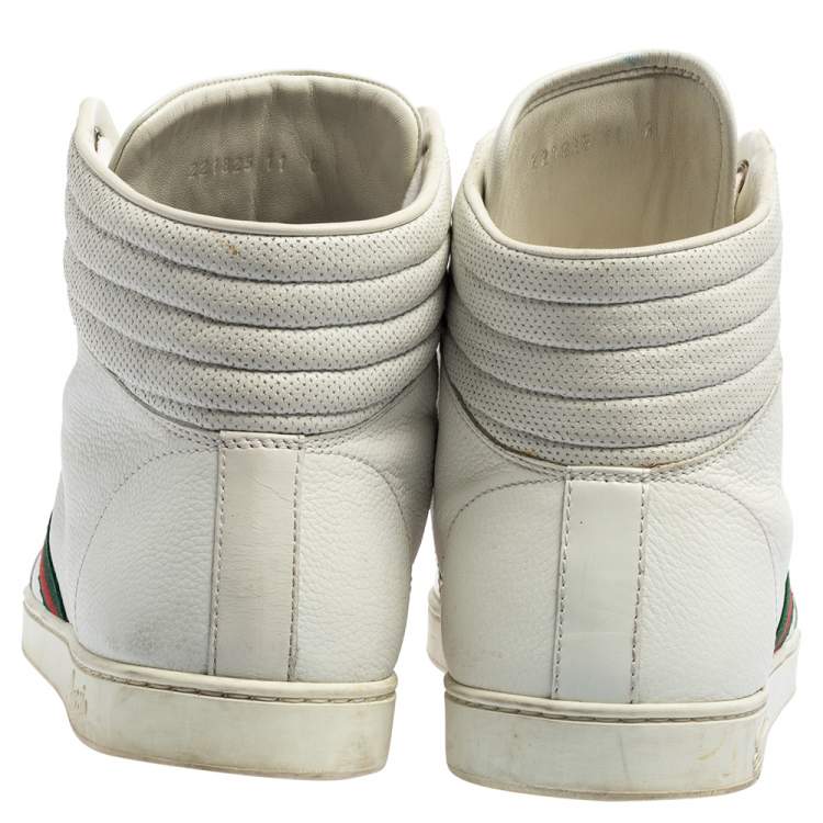 Pre Owned Gucci White Leather Web Detail High-Top Sneakers Size 45