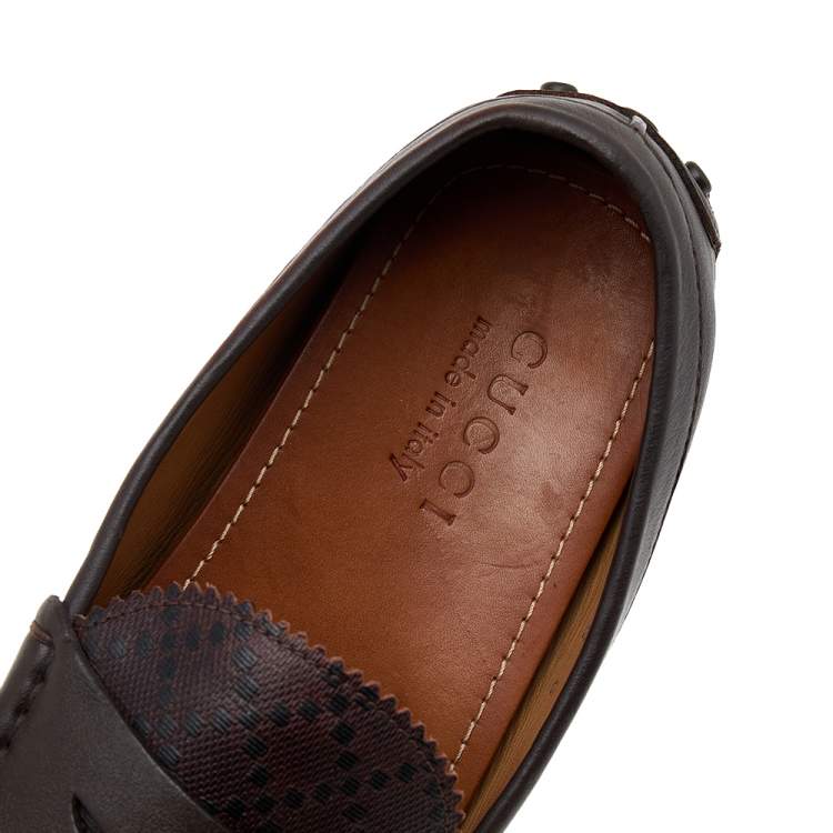 Pre Owned Gucci Dark Brown Diamante Leather Penny Slip On Loafers Size 42