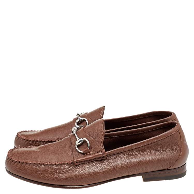 Pre Owned Gucci Brown Leather Horsebit Slip On Loafers Size 44