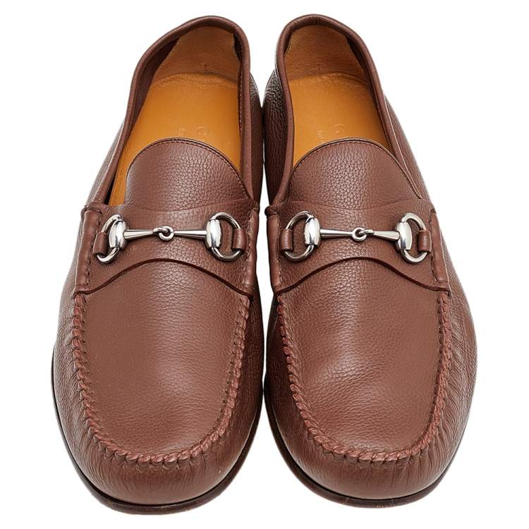 Pre Owned Gucci Brown Leather Horsebit Slip On Loafers Size 44