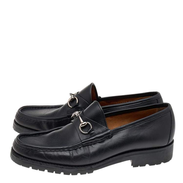 Pre Owned Gucci Black Leather Horsebit Slip On Loafers Size 46