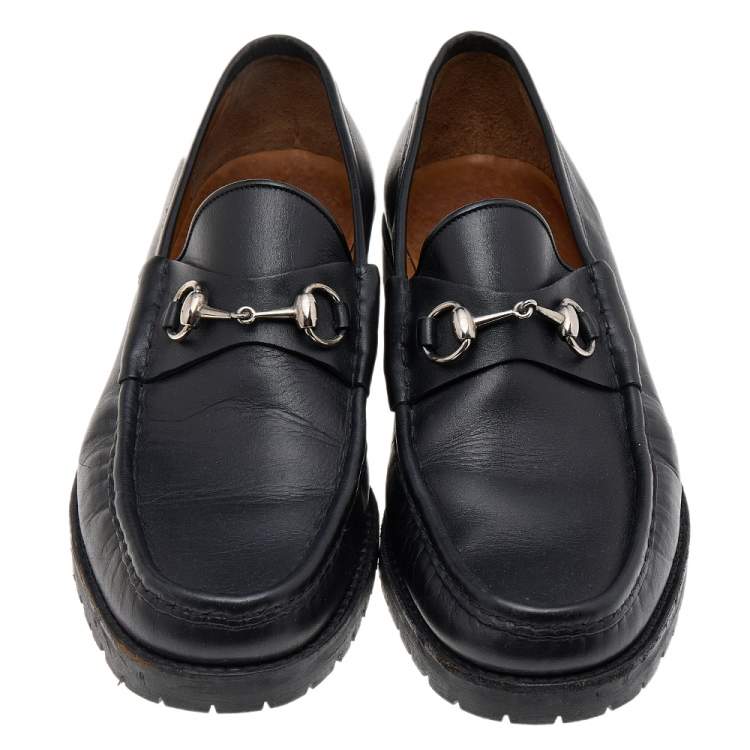 Pre Owned Gucci Black Leather Horsebit Slip On Loafers Size 46
