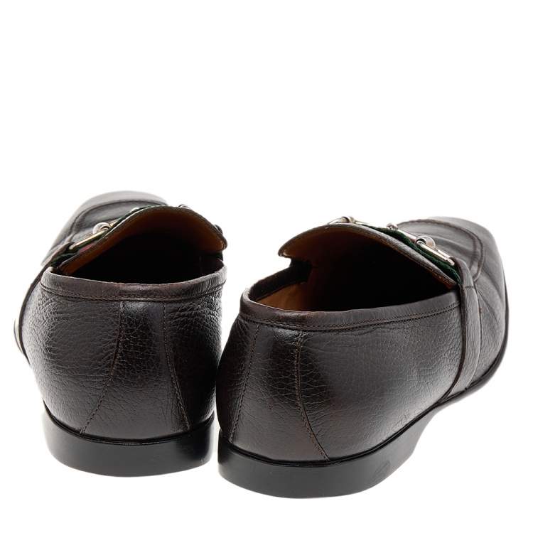 Pre Owned Gucci Dark Brown Leather Horsebit Web Slip On Loafers Size 41.5