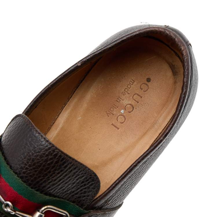 Pre Owned Gucci Dark Brown Leather Horsebit Web Slip On Loafers Size 41.5