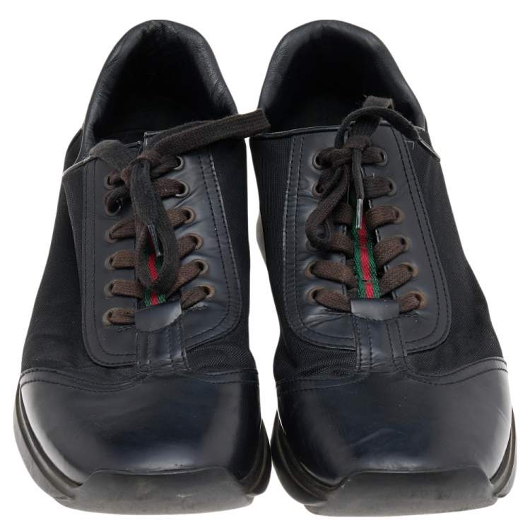 Pre Owned Gucci Black Leather And Nylon Low Top Sneakers Size 45.5