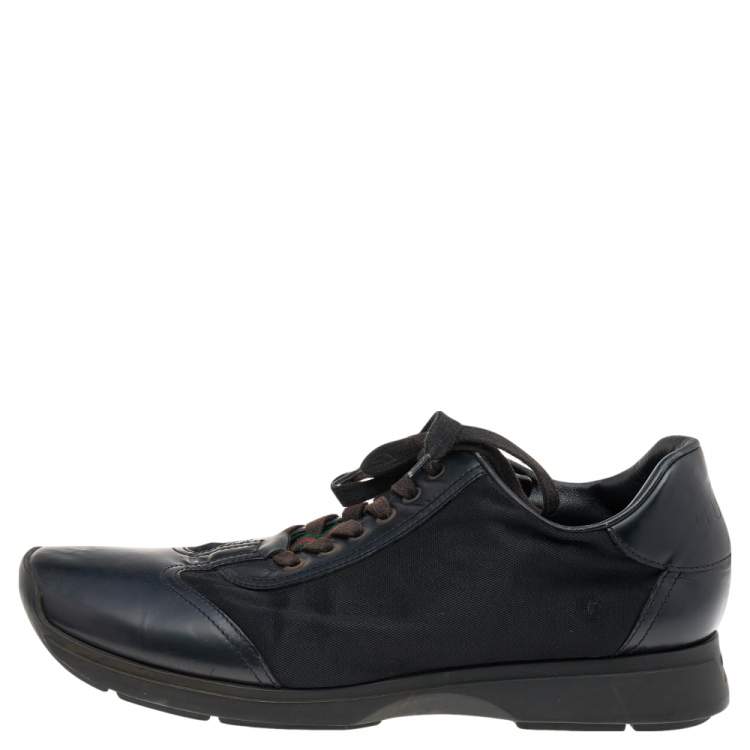 Pre Owned Gucci Black Leather And Nylon Low Top Sneakers Size 45.5