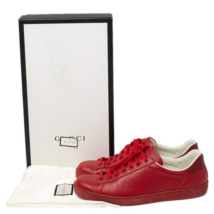 Pre Owned Gucci Red Leather Perforated Interlocking G Low Top Sneakers Size 42