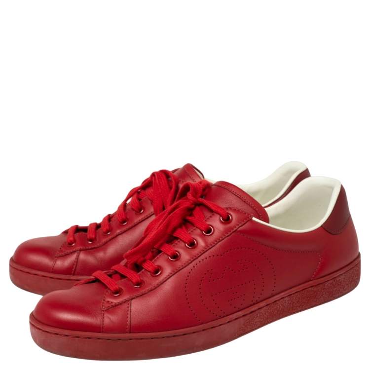 Pre Owned Gucci Red Leather Perforated Interlocking G Low Top Sneakers Size 42