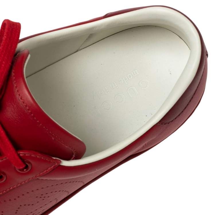 Pre Owned Gucci Red Leather Perforated Interlocking G Low Top Sneakers Size 42