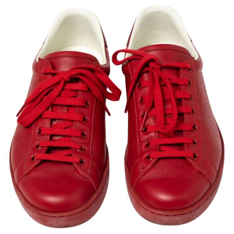 Pre Owned Gucci Red Leather Perforated Interlocking G Low Top Sneakers Size 42