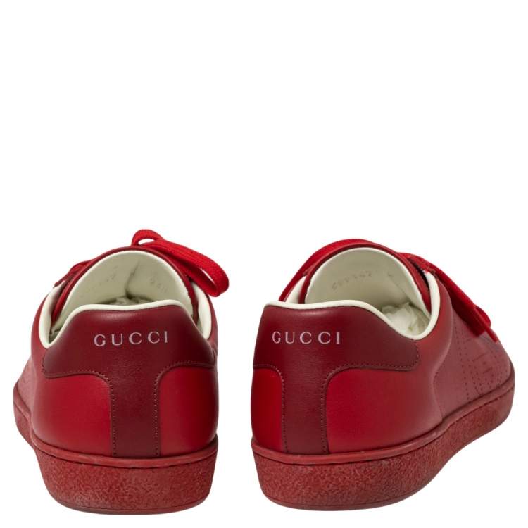 Pre Owned Gucci Red Leather Perforated Interlocking G Low Top Sneakers Size 42