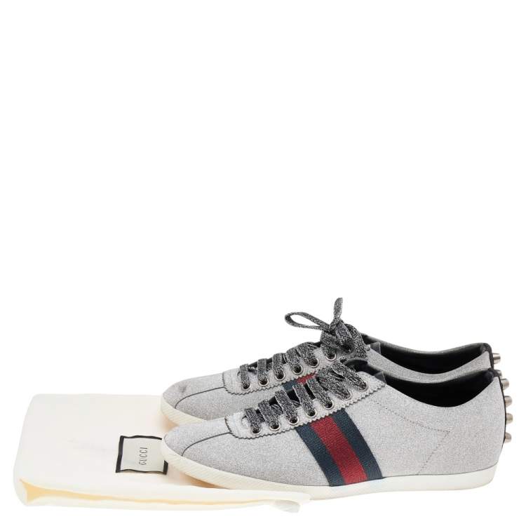 Pre Owned Gucci Metallic Silver Glitter Bambi Web Detail Studded Low Top Sneakers Size 40.5