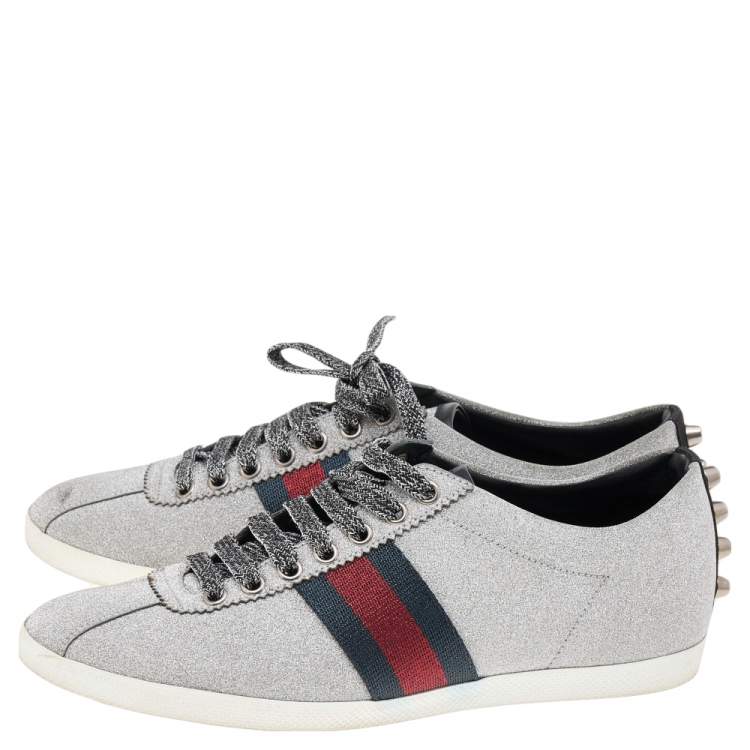 Pre Owned Gucci Metallic Silver Glitter Bambi Web Detail Studded Low Top Sneakers Size 40.5