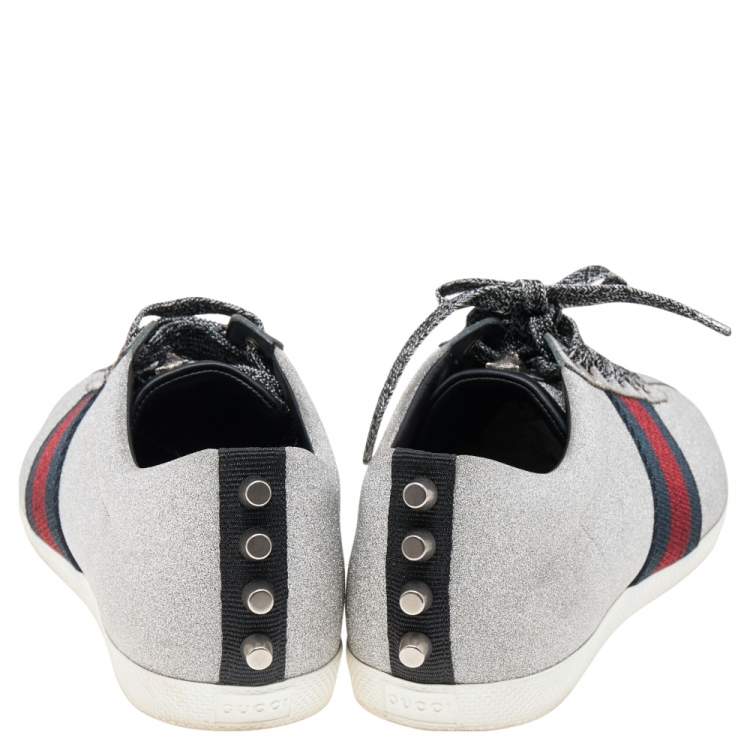 Pre Owned Gucci Metallic Silver Glitter Bambi Web Detail Studded Low Top Sneakers Size 40.5