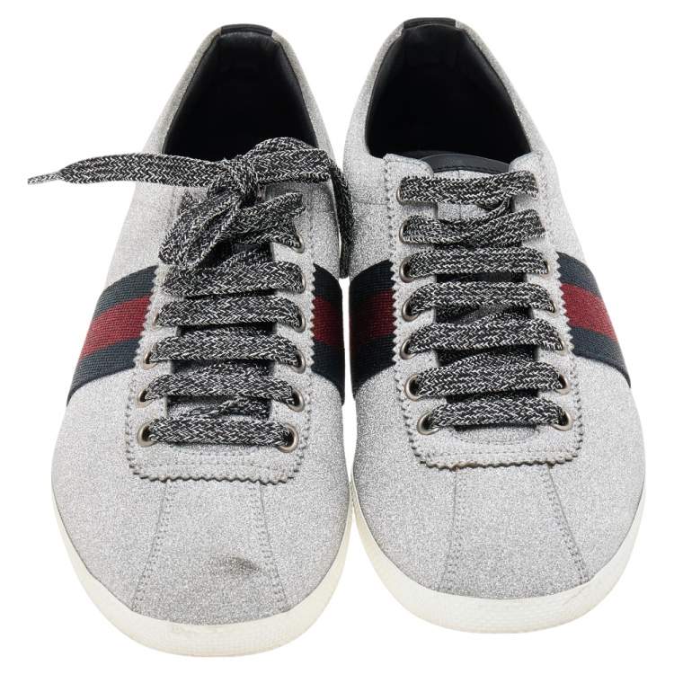 Pre Owned Gucci Metallic Silver Glitter Bambi Web Detail Studded Low Top Sneakers Size 40.5