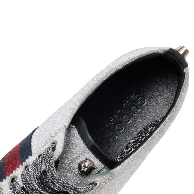Pre Owned Gucci Metallic Silver Glitter Bambi Web Detail Studded Low Top Sneakers Size 40.5