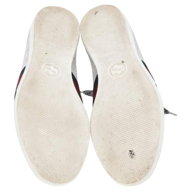 Pre Owned Gucci Metallic Silver Glitter Bambi Web Detail Studded Low Top Sneakers Size 40.5