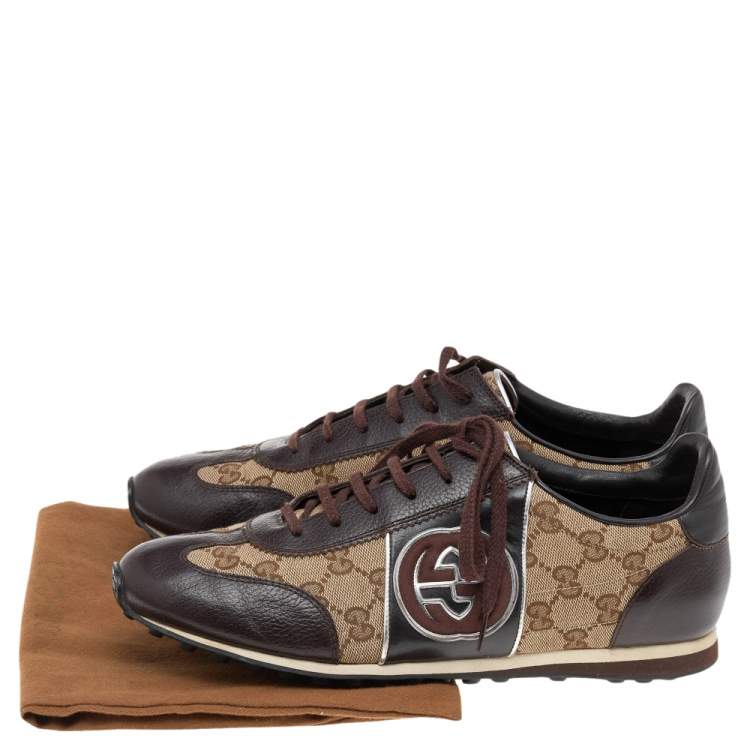 Pre Owned Gucci Brown/Beige Leather And GG Canvas Lace Up Low Top Sneakers Size 41