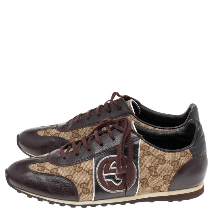 Pre Owned Gucci Brown/Beige Leather And GG Canvas Lace Up Low Top Sneakers Size 41