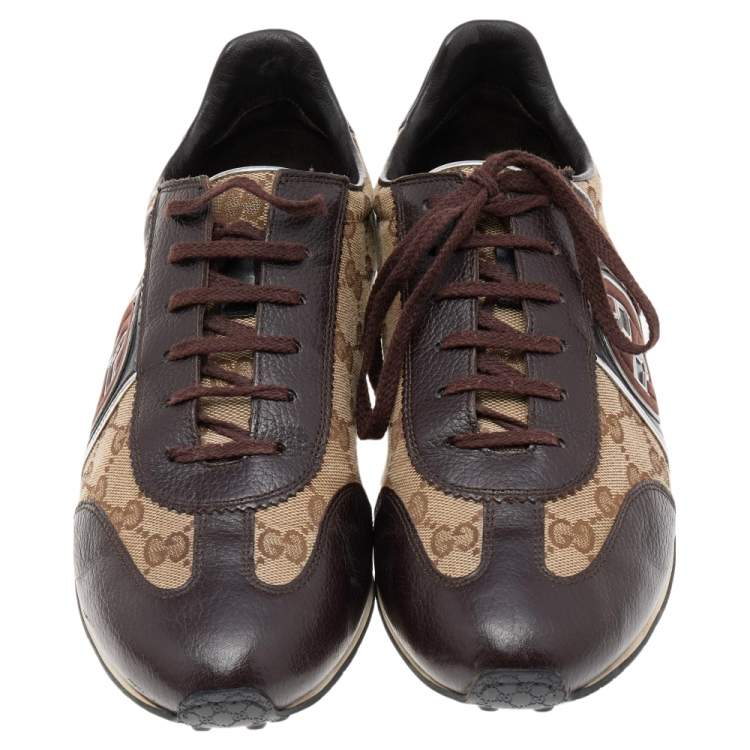 Pre Owned Gucci Brown/Beige Leather And GG Canvas Lace Up Low Top Sneakers Size 41