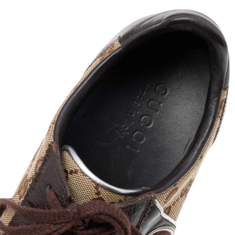 Pre Owned Gucci Brown/Beige Leather And GG Canvas Lace Up Low Top Sneakers Size 41