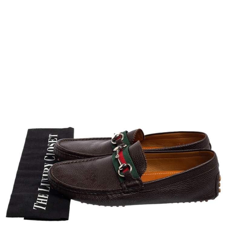 Pre Owned Gucci Brown Leather Horsebit Web Detail Driver Loafers Size 41.5
