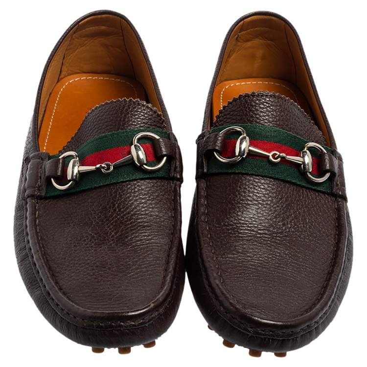 Pre Owned Gucci Brown Leather Horsebit Web Detail Driver Loafers Size 41.5