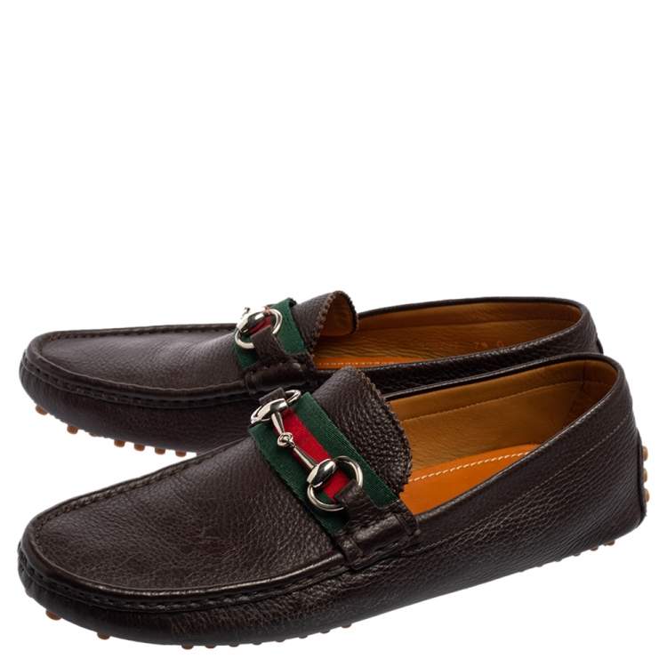 Pre Owned Gucci Brown Leather Horsebit Web Detail Driver Loafers Size 41.5