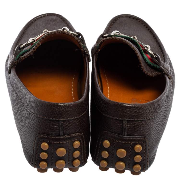 Pre Owned Gucci Brown Leather Horsebit Web Detail Driver Loafers Size 41.5