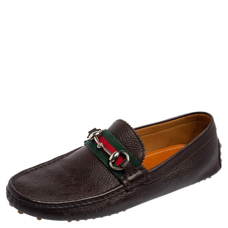 Pre Owned Gucci Brown Leather Horsebit Web Detail Driver Loafers Size 41.5