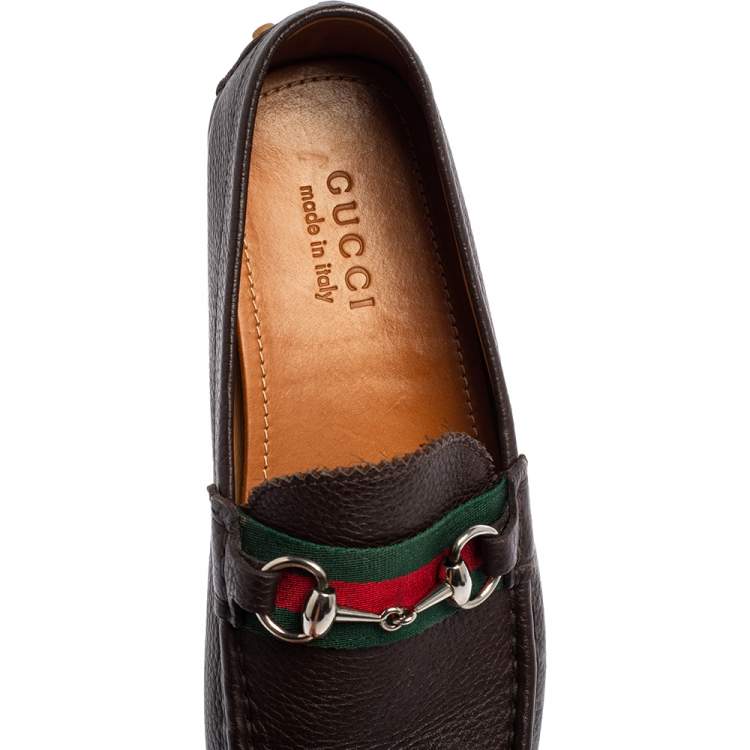 Pre Owned Gucci Brown Leather Horsebit Web Detail Driver Loafers Size 41.5