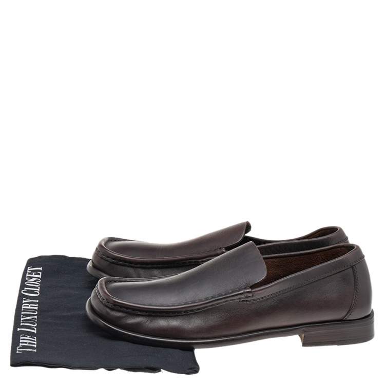 Pre Owned Gucci Dark Brown Leather Slip On Loafers Size 41.5
