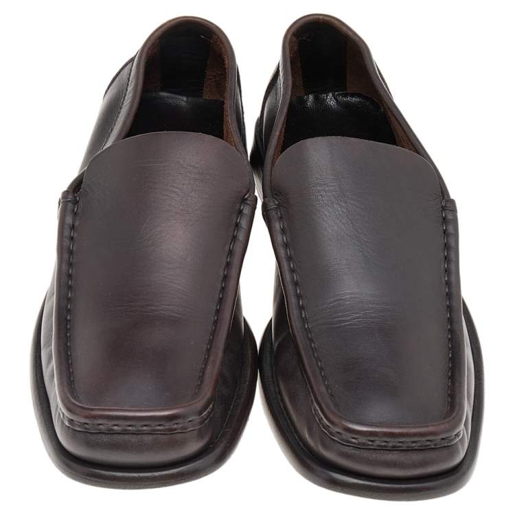 Pre Owned Gucci Dark Brown Leather Slip On Loafers Size 41.5