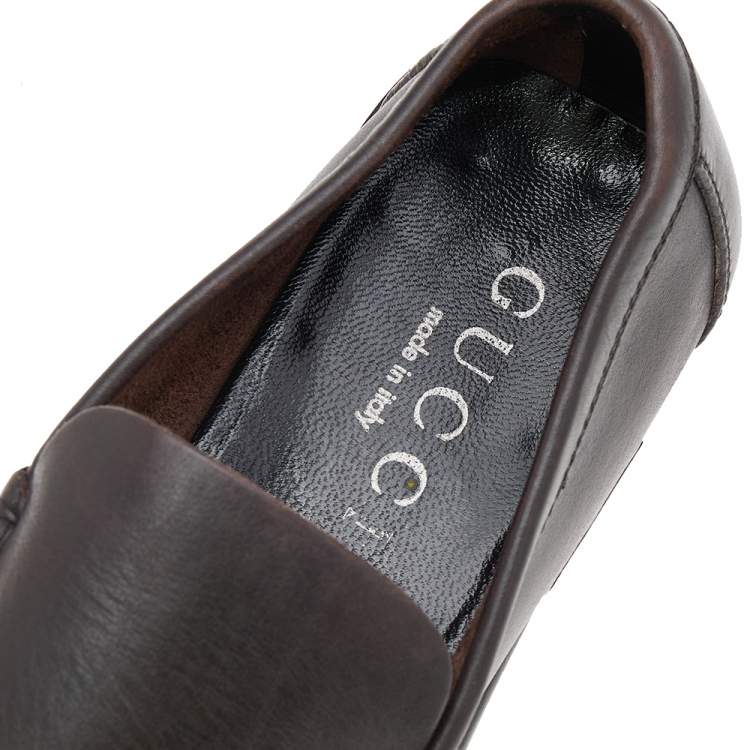 Pre Owned Gucci Dark Brown Leather Slip On Loafers Size 41.5
