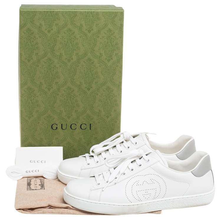 Pre Owned Gucci White Leather Interlocking G Ace Lace Up Sneakers Size 40