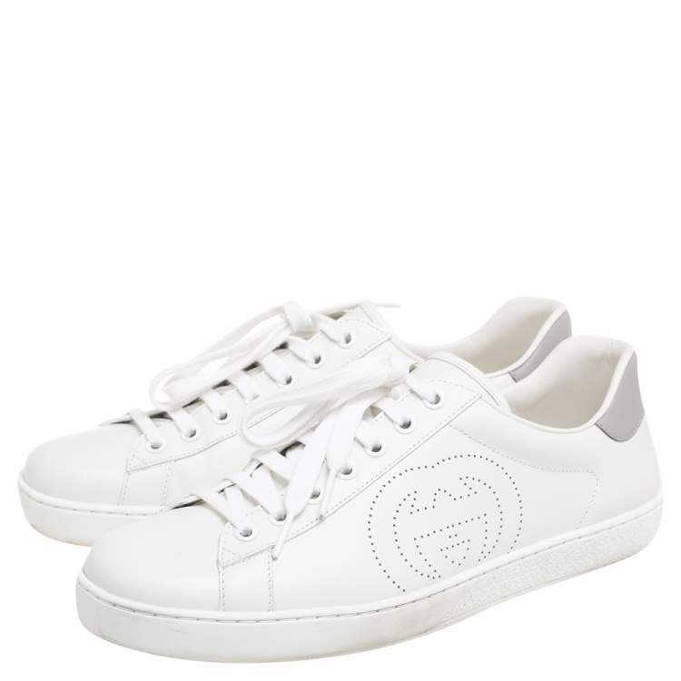 Pre Owned Gucci White Leather Interlocking G Ace Lace Up Sneakers Size 40