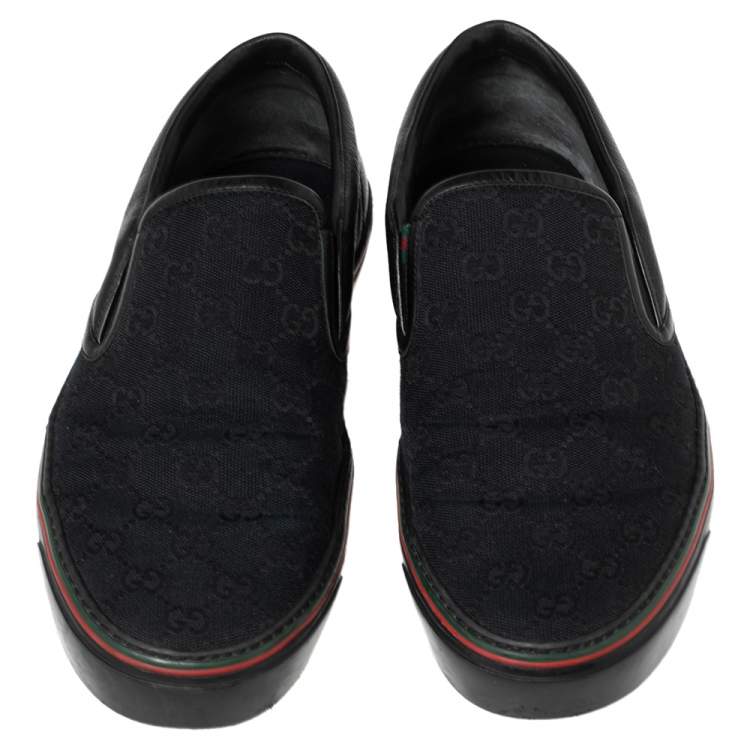 Pre Owned Gucci Black GG Canvas and Leather Slip-On Sneakers Size 44